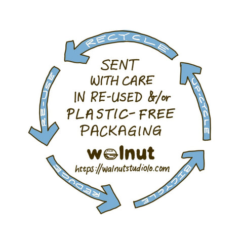 Shipping Sticker with Walnut Studiolo branding, handwritten, that says sent with care in re-used and/or plastic-free packaging
