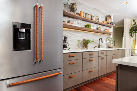 Modern Kitchen Remodel with Olive Green Cabinets and Honey Warm Leather Wraps and Handles on the Fridge and Stove Handles and Cabinet Doors and Drawers