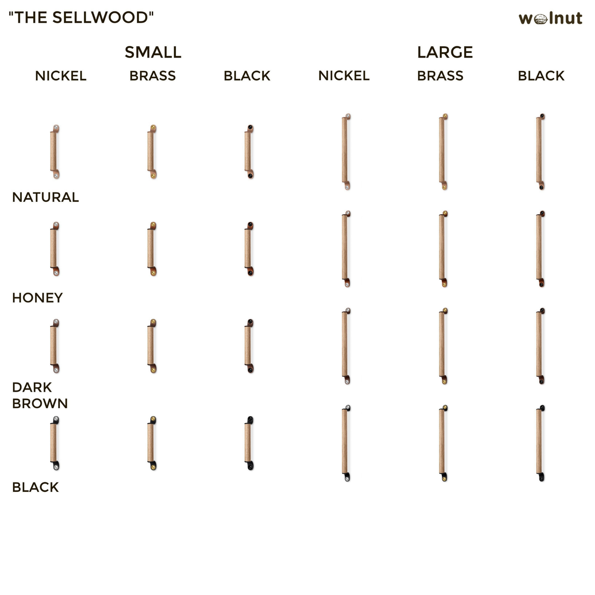 Photo collage showing all 24 variants of the Sellwood leather and oak wood handle: four leather colors, two sizes, and three metal finishes